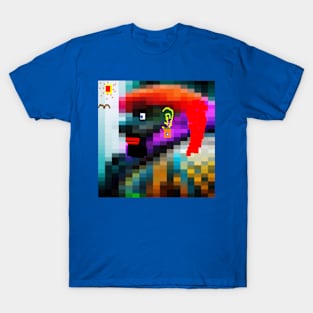 Lady Pixel Art Design on Blue Background T-Shirt